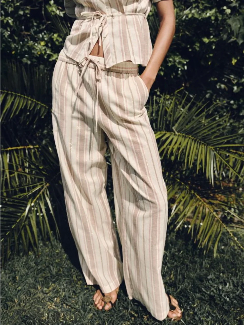 NWT Zara Pink & Cream Striped Wide-Leg Drawstring Pants